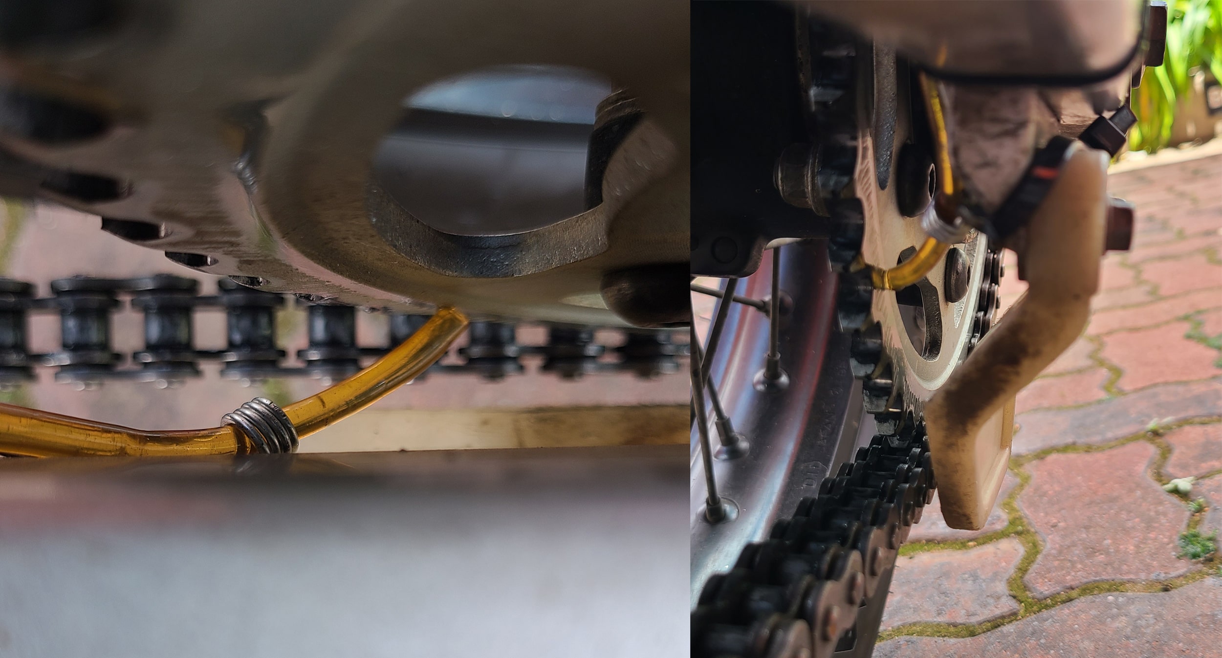 three images of a hose tourching a sprocket 